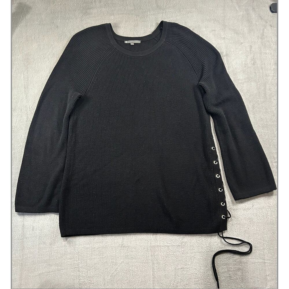 Elliott Lauren Sweater Women Black Ribbed Knit Lace Up Side Crewneck Size Large - Picture 1 of 7